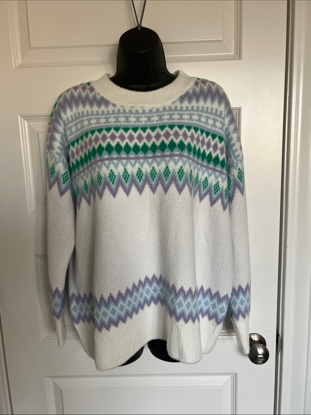 Pink Lily White Crewneck Sweater with Green & Lavender Fair Isle